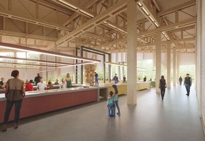 Moderne eetzaal met houten elementen, waar mensen en een kind interactief genieten van hun maaltijden.