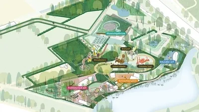 Plattegrond van een recreatiegebied met wandelpaden, speeltuinen en vijvers, overzichtelijk ingedeeld in verschillende zones.