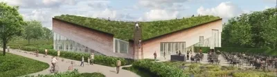 Moderne gebouwen met een groendak, omringd door natuur en wandelpaden, met mensen die buiten activiteiten ondernemen.
